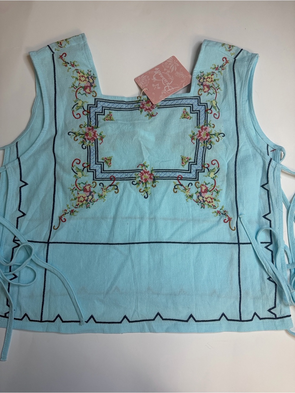 Persona Light Blue Embroidered Tie-Side Tank Top